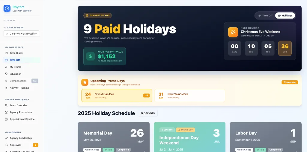 Holiday calendar showing 9 paid holidays with countdown timer and promotional day highlights