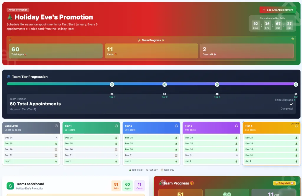 Holiday promotion banner showing team progress, tier progression, and countdown timer