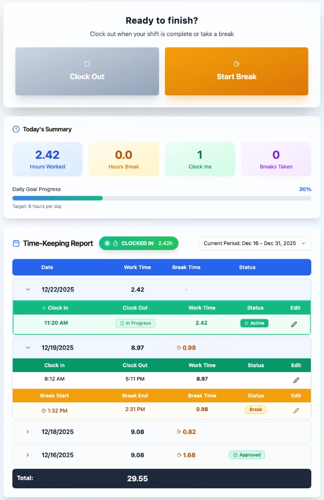 Time tracking interface showing clock in and out buttons with today’s totals