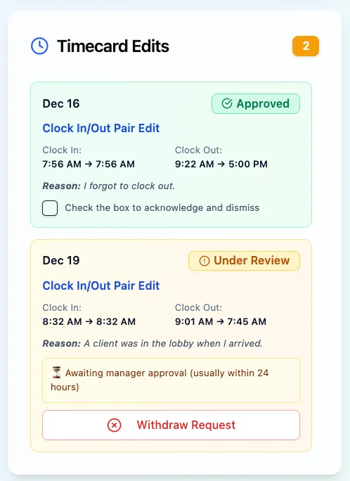 Employee timecard edits view showing approved and pending edit requests with status badges and acknowledgment checkboxes